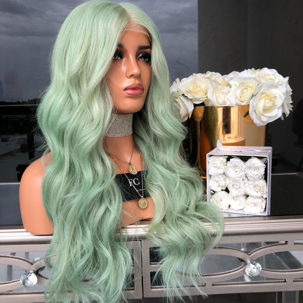 Green Mid-Length Curly Hair Wig-3
