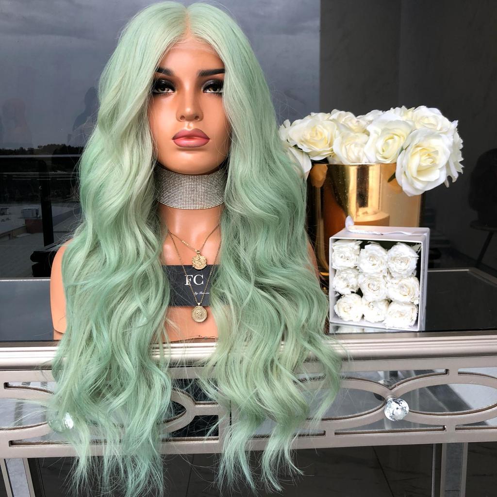 Green Mid-Length Curly Hair Wig-4