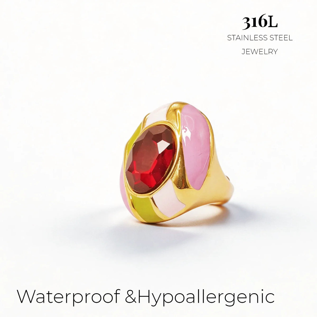 Vintage Oval Glass Stone Enamel Statement Ring Gold Plated Stainless Steel Bold Colorful Chunky Cocktail Ring Fashion Jewelry-11