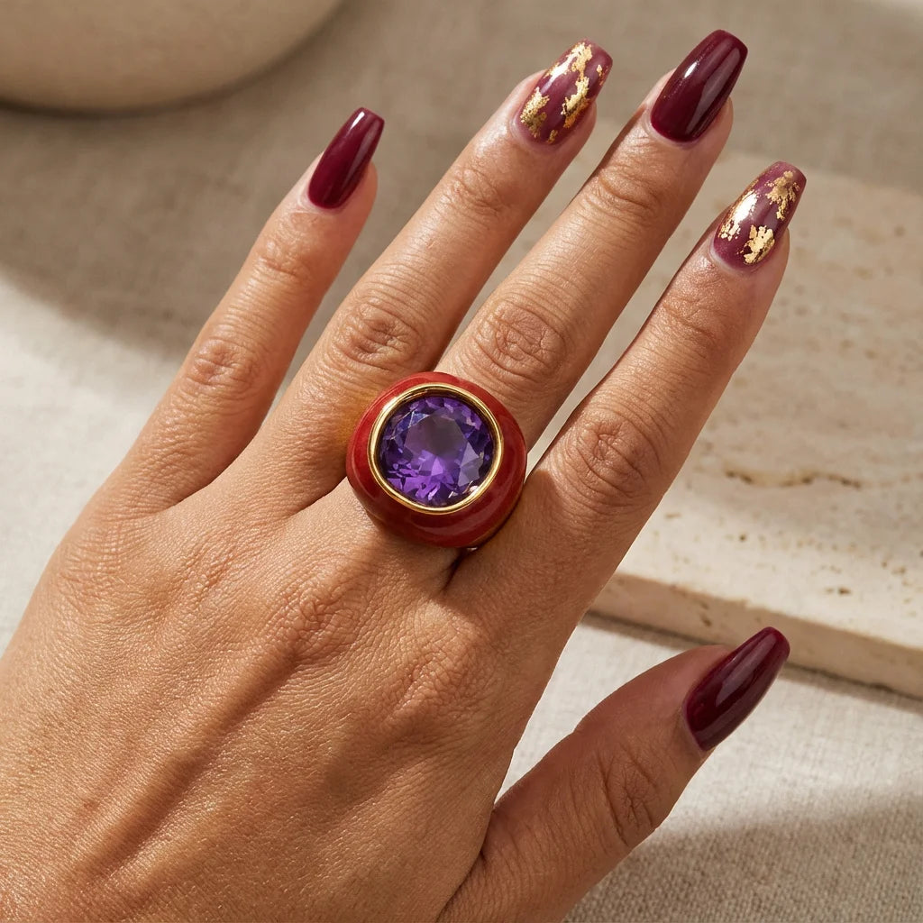 Color Enamel Statement Ring Cat's Eye Faceted Glass Gem Gold Plated Stainless Steel Hypoallergenic Vintage Women Cocktail Rings-3