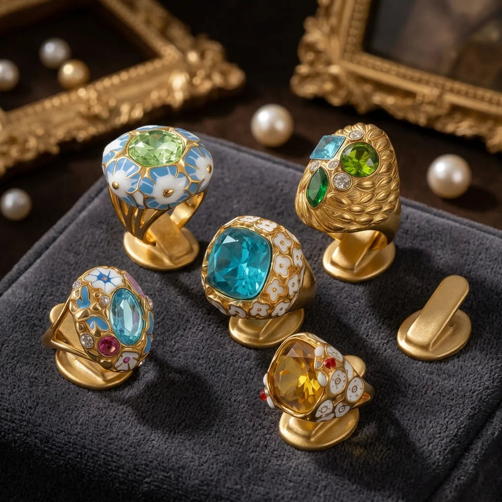 Vintage Baroque Statement Rings 316L Stainless Steel PVD Gold Plated Enamel Crystal Cocktail Rings Hypoallergenic Chunky Jewelry-1