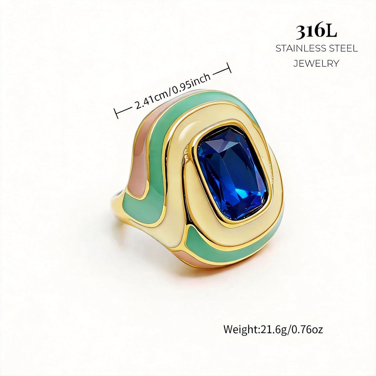 Wholesale 316L Stainless Steel Rings 18K PVD Gold Plated Colorful Enamel Band Large Gemstone Fashion Statement Jewelry for Women-8