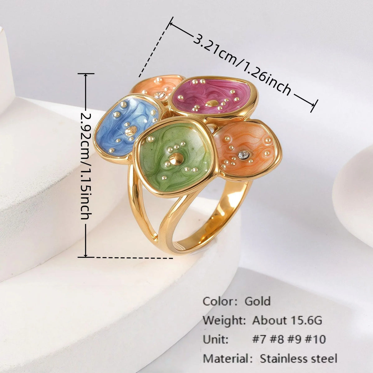 New Arrival 316L Stainless Steel 18K Gold Plated Trendy Two-Tone High-End Lightweight Luxury Colorful Floral Enamel Ring Women's-8