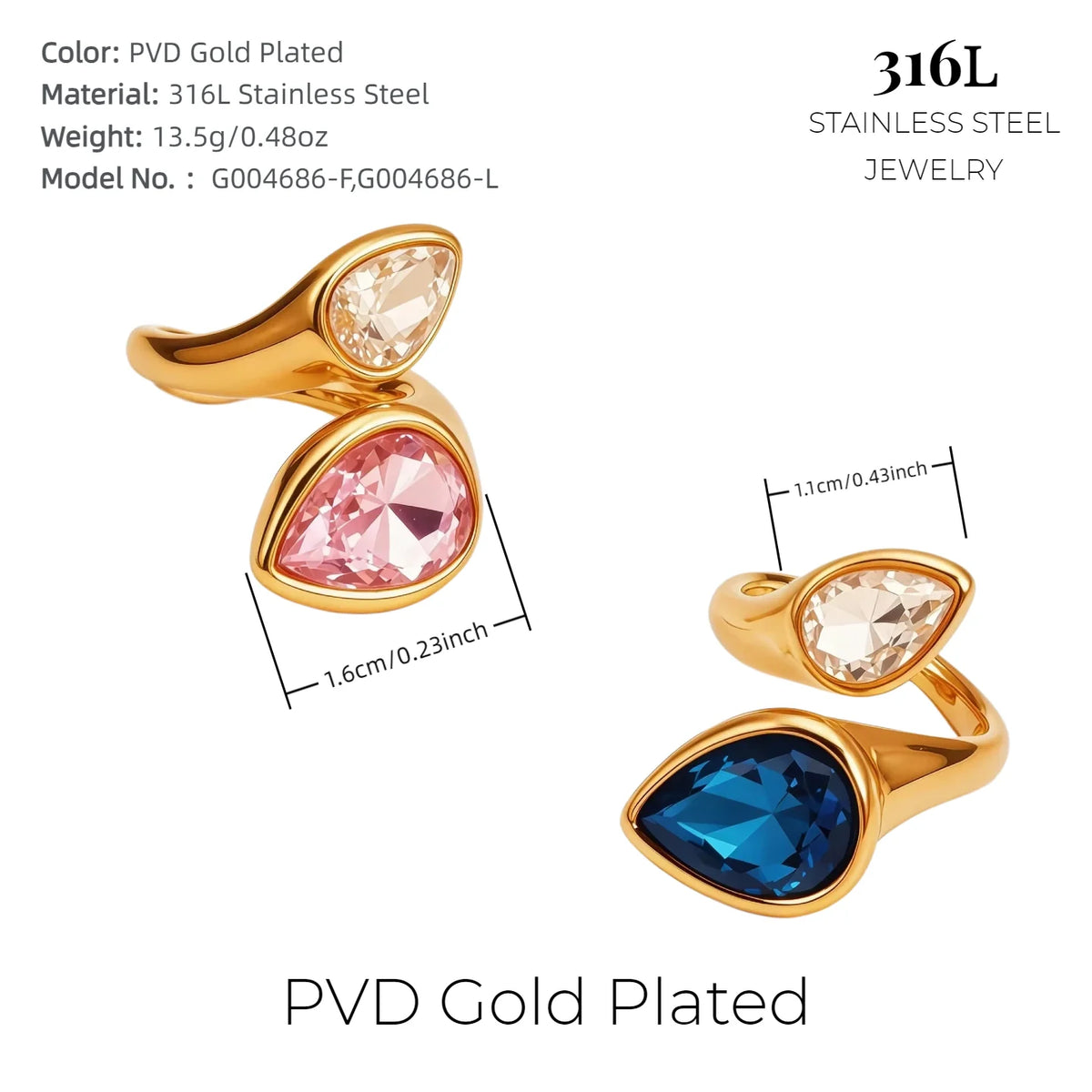 Pear Shape Birthstone Ring 316L Stainless Steel 18K Gold Plated Adjustable Open Ring Hypoallergenic Teardrop Ring Wholesale-5