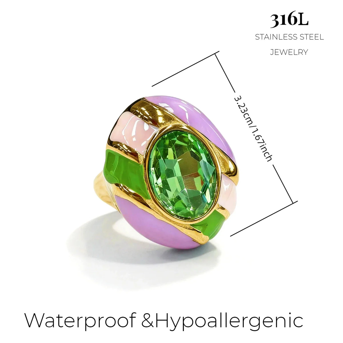 Vintage Oval Glass Stone Enamel Statement Ring Gold Plated Stainless Steel Bold Colorful Chunky Cocktail Ring Fashion Jewelry-12