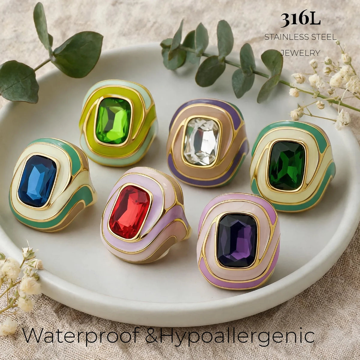 Wholesale 316L Stainless Steel Rings 18K PVD Gold Plated Colorful Enamel Band Large Gemstone Fashion Statement Jewelry for Women-2