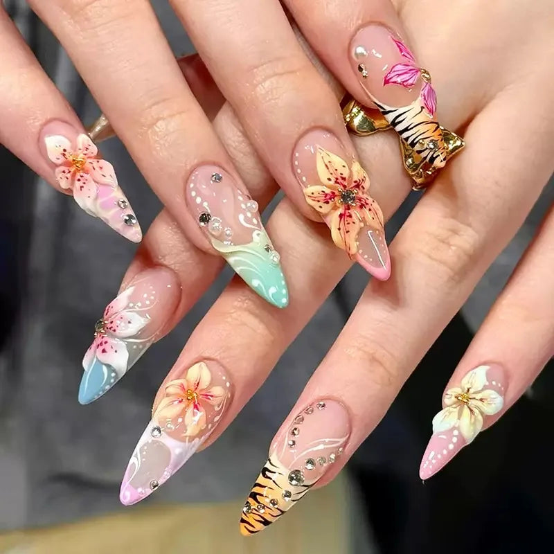 24pcs Factory Best-Selling French-Style Floral Water Diamond, Purely Handmade Self-Adhesive Press on Nails-10