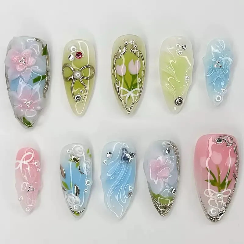 24pcs Factory Best-Selling French-Style Floral Water Diamond, Purely Handmade Self-Adhesive Press on Nails-3