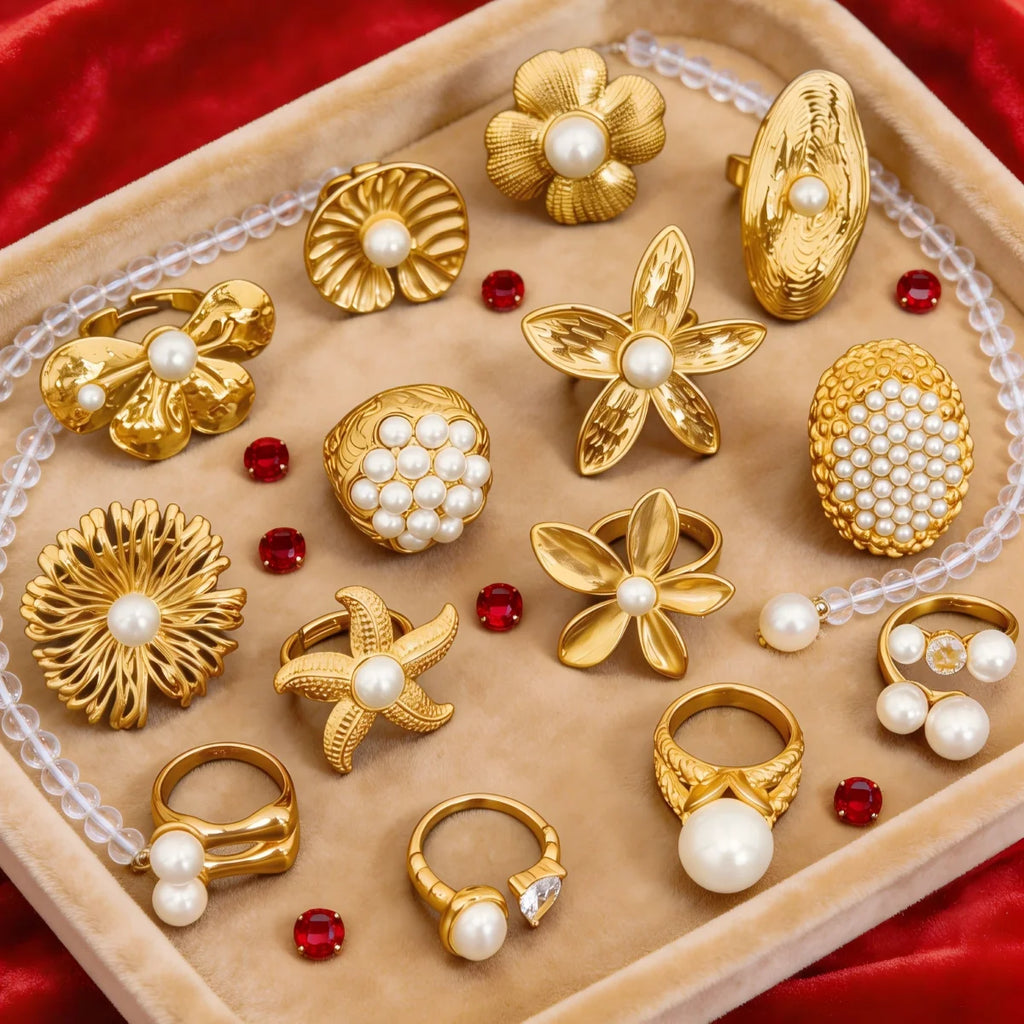 Adjustable Gold Pearl Cuff Rings 316L Stainless Steel 18K 24K Gold Plated Trendy Wholesale Fashion Jewelry Floral Starfish-1