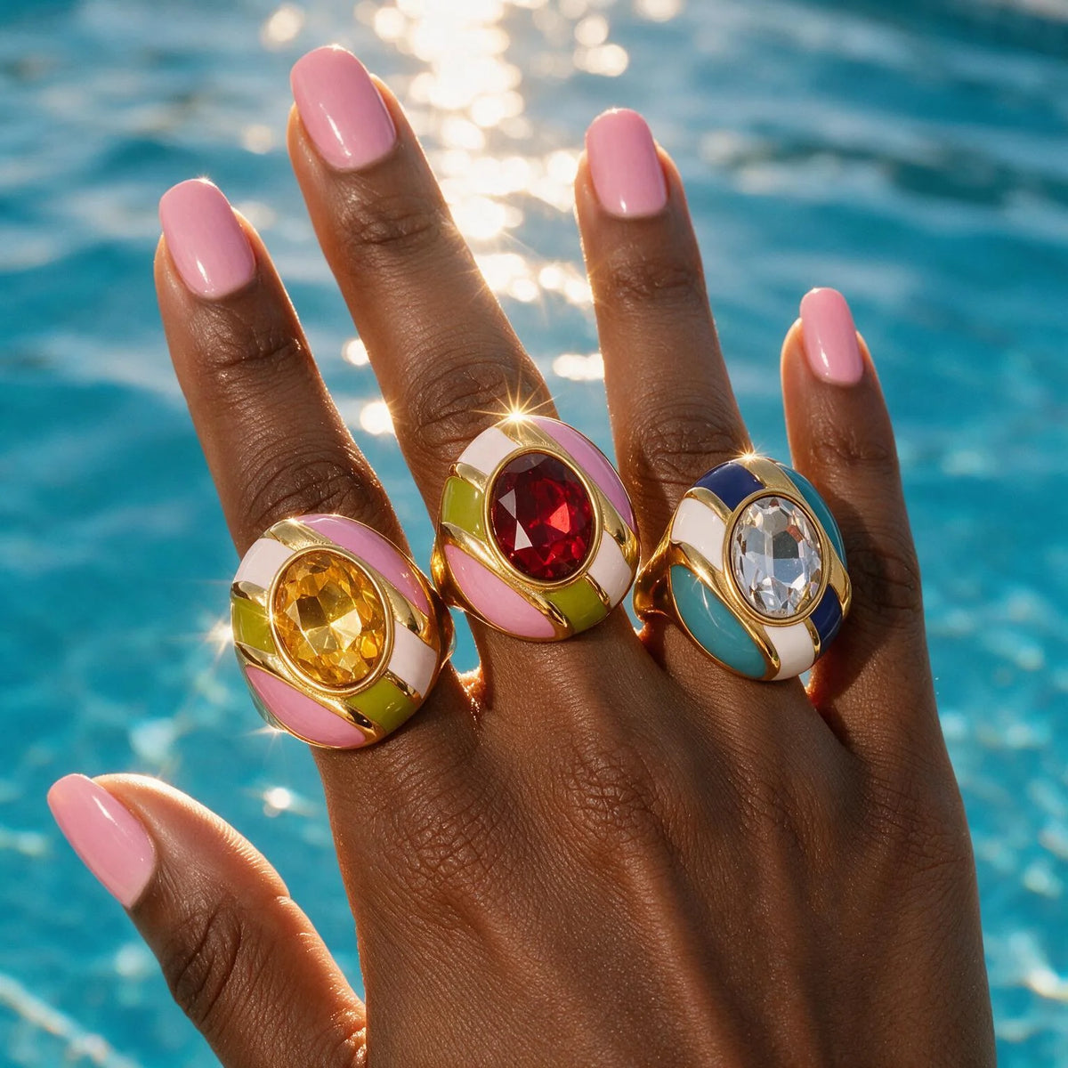 Vintage Oval Glass Stone Enamel Statement Ring Gold Plated Stainless Steel Bold Colorful Chunky Cocktail Ring Fashion Jewelry-2