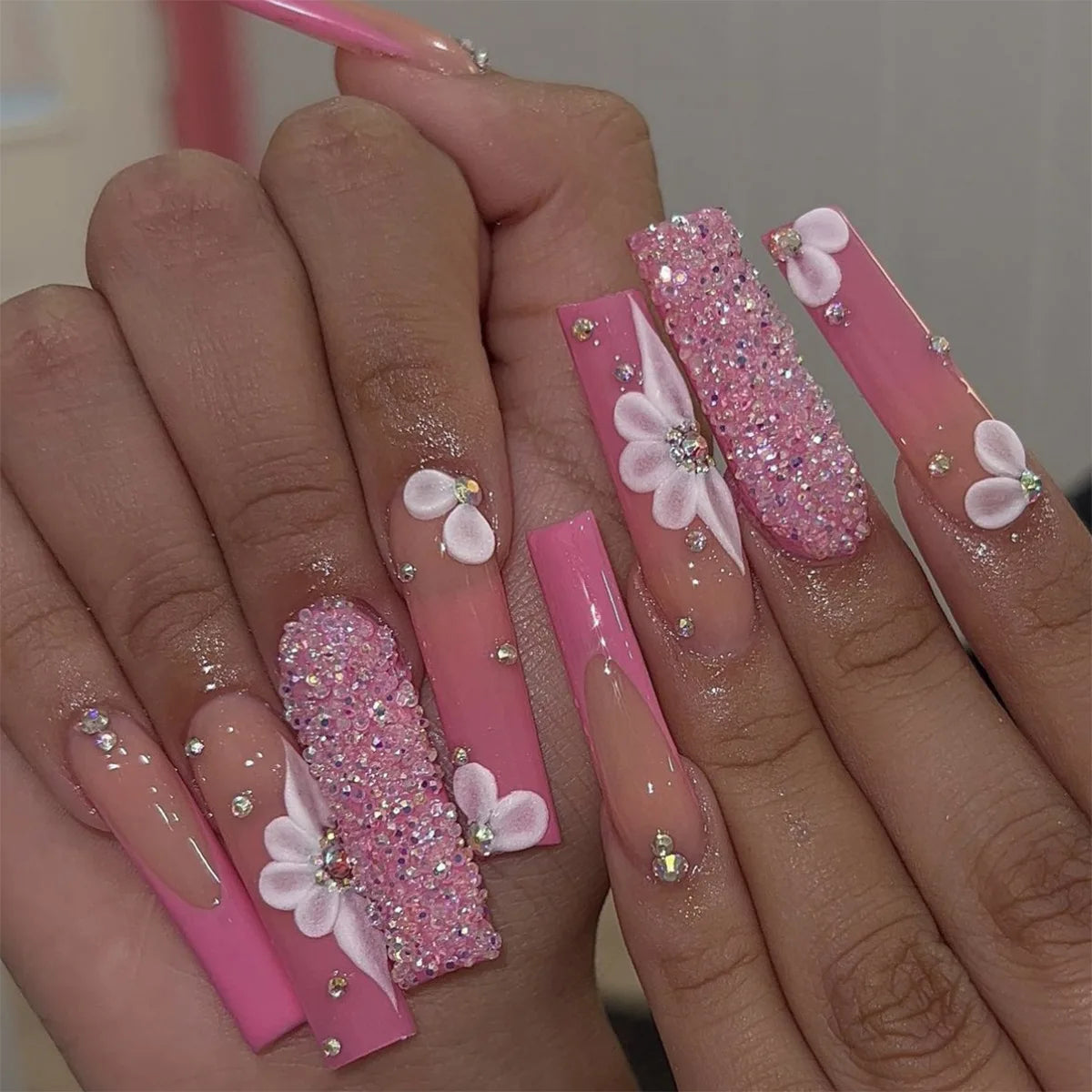 24pcs Factory Best-Selling French-Style Floral Water Diamond, Purely Handmade Self-Adhesive Press on Nails-9