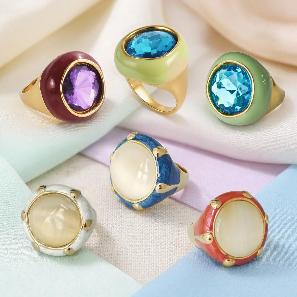 Color Enamel Statement Ring Cat's Eye Faceted Glass Gem Gold Plated Stainless Steel Hypoallergenic Vintage Women Cocktail Rings-1