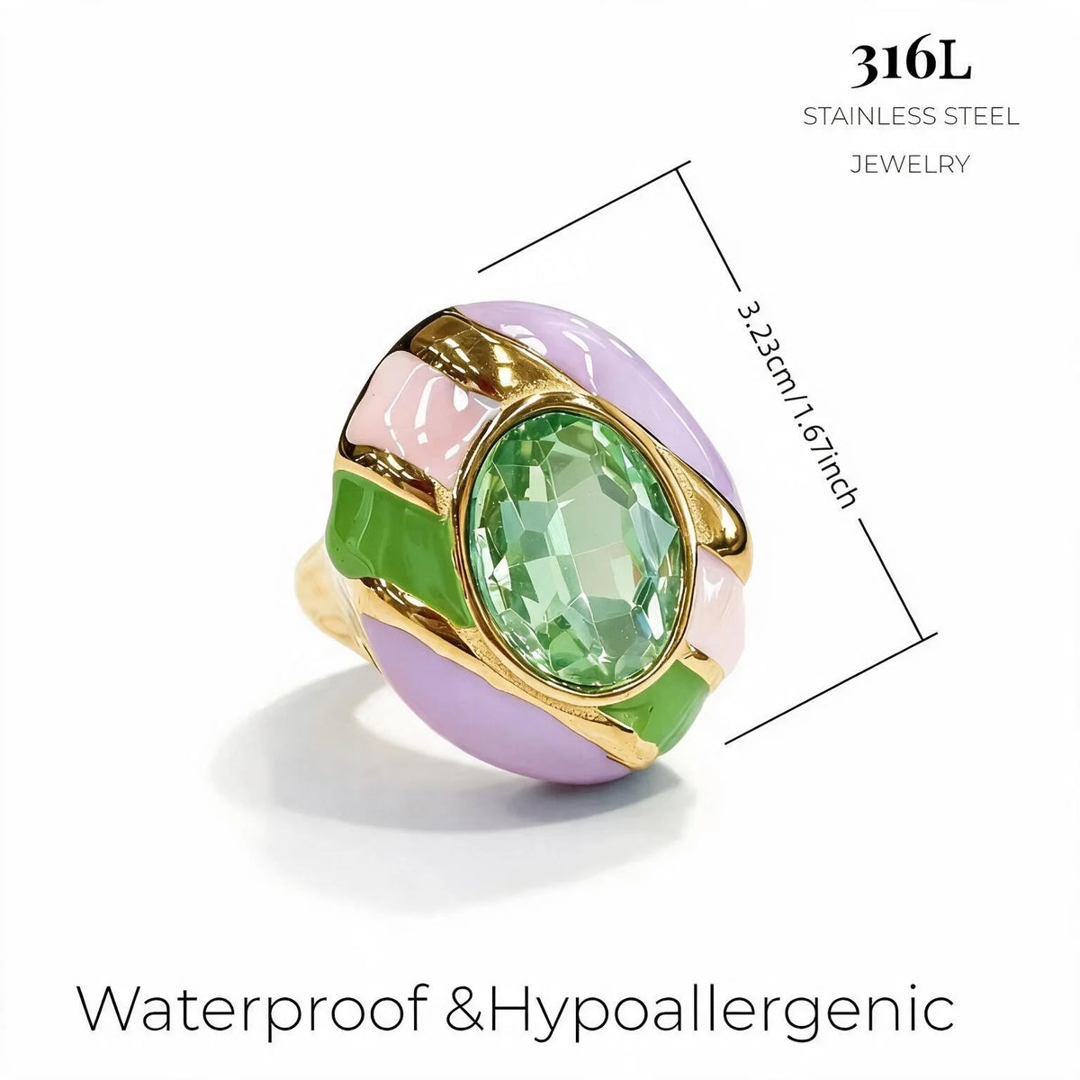 Vintage Oval Glass Stone Enamel Statement Ring Gold Plated Stainless Steel Bold Colorful Chunky Cocktail Ring Fashion Jewelry-7