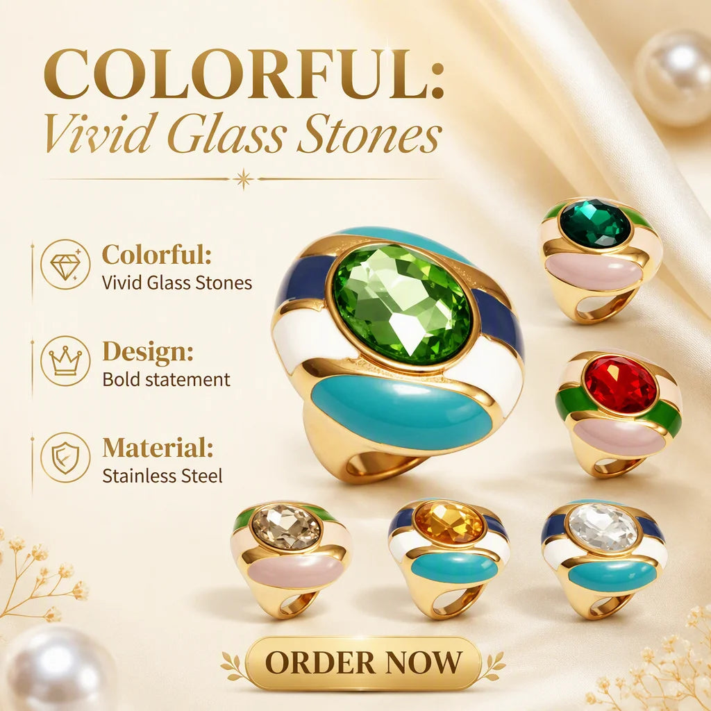 Vintage Oval Glass Stone Enamel Statement Ring Gold Plated Stainless Steel Bold Colorful Chunky Cocktail Ring Fashion Jewelry-1