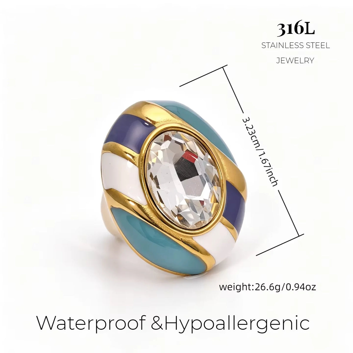 Vintage Oval Glass Stone Enamel Statement Ring Gold Plated Stainless Steel Bold Colorful Chunky Cocktail Ring Fashion Jewelry-9