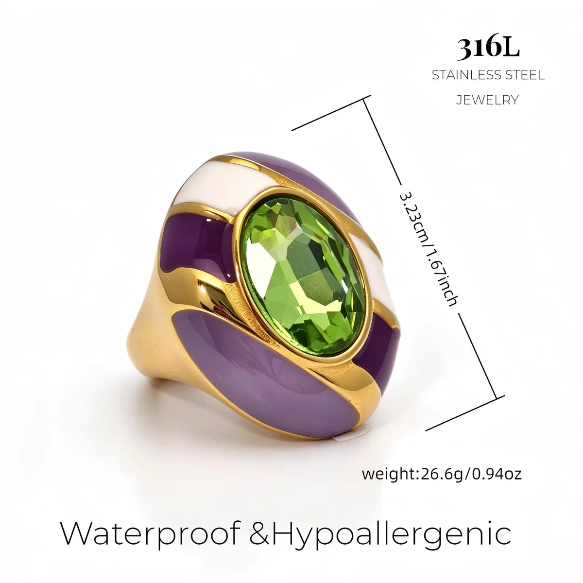 Vintage Oval Glass Stone Enamel Statement Ring Gold Plated Stainless Steel Bold Colorful Chunky Cocktail Ring Fashion Jewelry-6