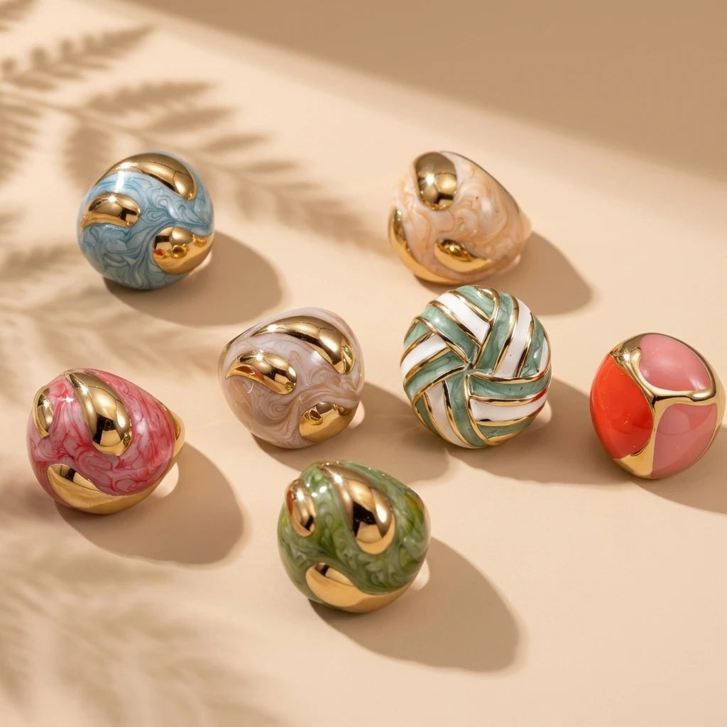 18K Gold Plated Enamel Capsule Ring Stacking 316L Stainless Steel Stackable Bubble Dome Marble Swirl Fashion Jewelry Non Tarnish-3