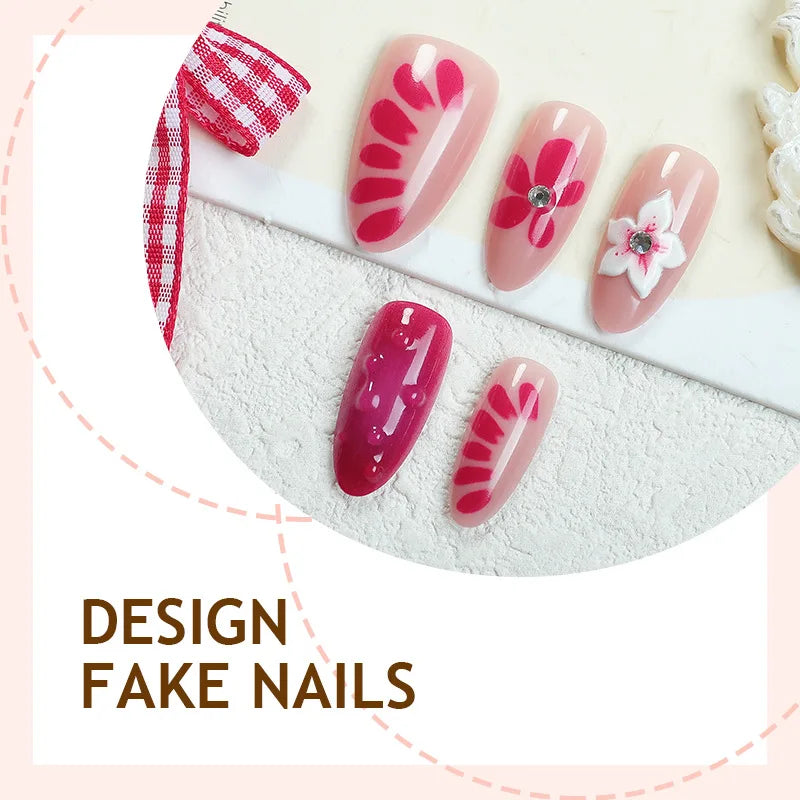 24pcs Factory Best-Selling French-Style Floral Water Diamond, Purely Handmade Self-Adhesive Press on Nails-1