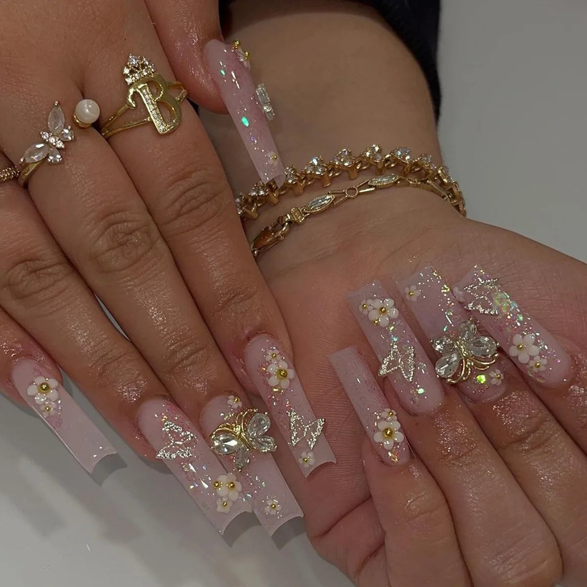 24pcs Factory Best-Selling French-Style Floral Water Diamond, Purely Handmade Self-Adhesive Press on Nails-6
