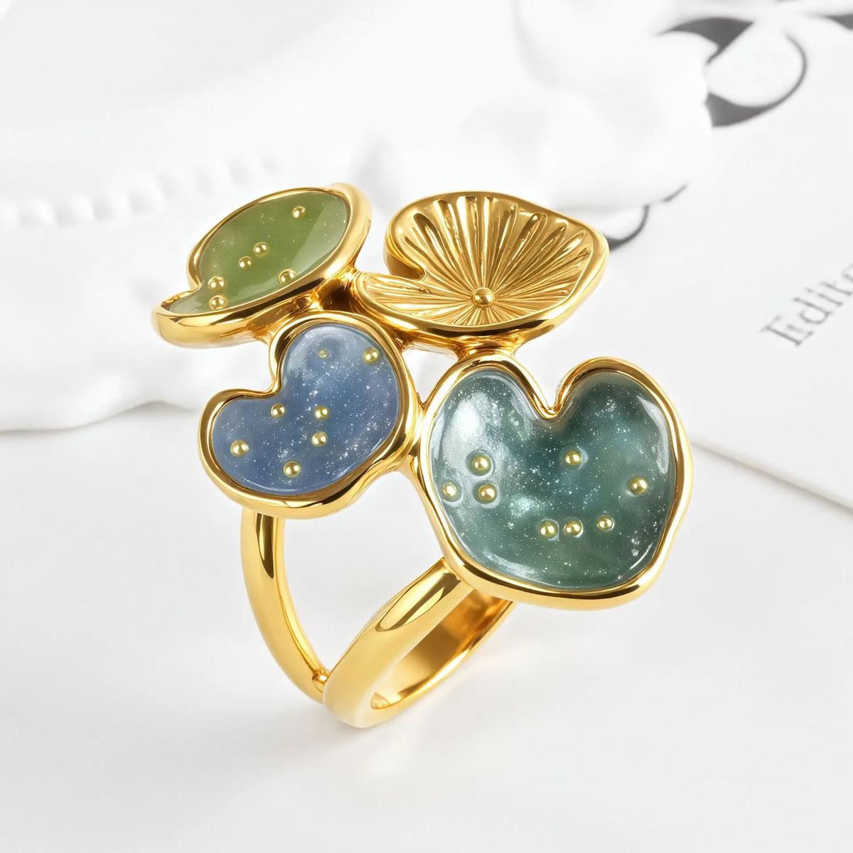 New Arrival 316L Stainless Steel 18K Gold Plated Trendy Two-Tone High-End Lightweight Luxury Colorful Floral Enamel Ring Women's-1