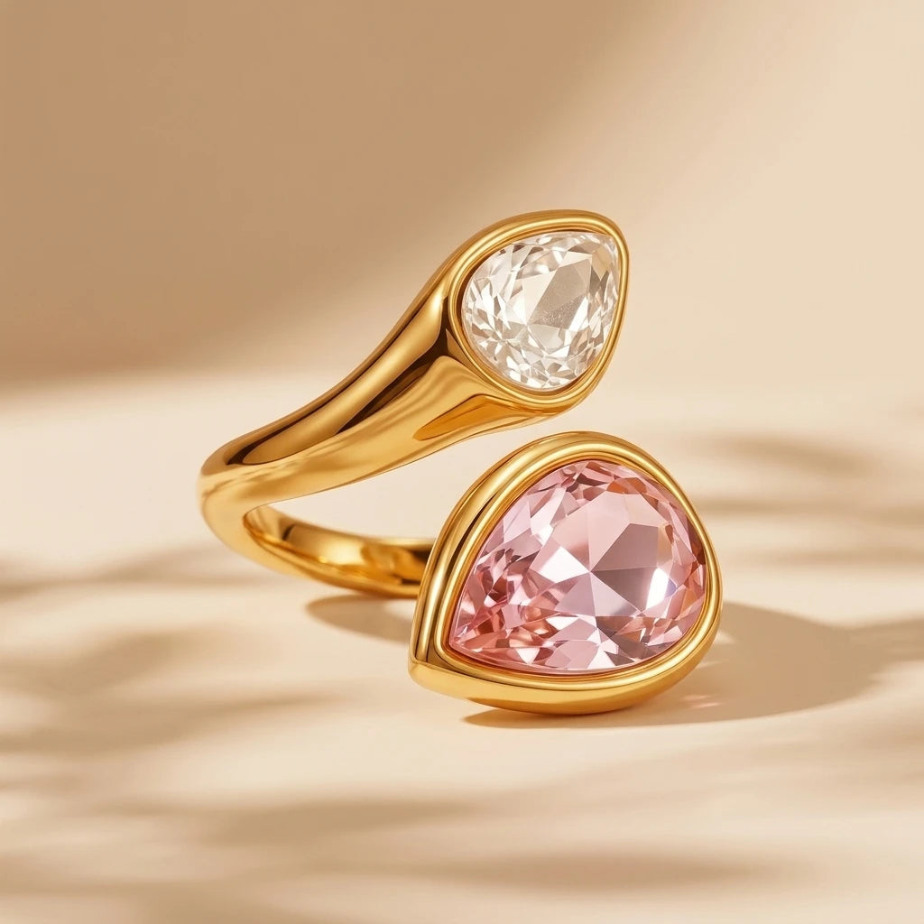 Pear Shape Birthstone Ring 316L Stainless Steel 18K Gold Plated Adjustable Open Ring Hypoallergenic Teardrop Ring Wholesale-3