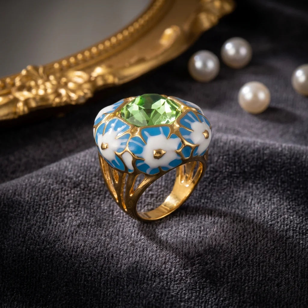 Vintage Baroque Statement Rings 316L Stainless Steel PVD Gold Plated Enamel Crystal Cocktail Rings Hypoallergenic Chunky Jewelry-5