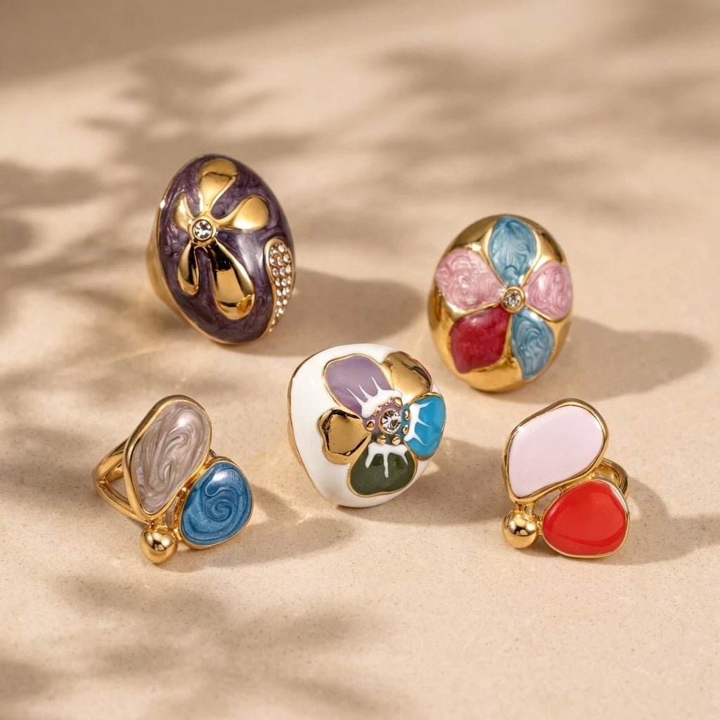 18K Gold Plated Enamel Capsule Ring Stacking 316L Stainless Steel Stackable Bubble Dome Marble Swirl Fashion Jewelry Non Tarnish-5