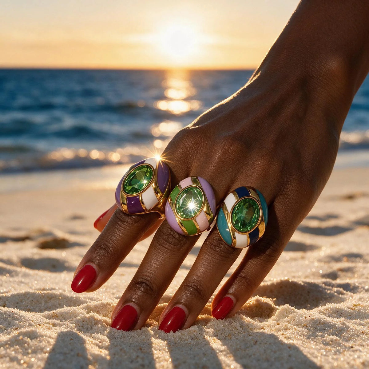 Vintage Oval Glass Stone Enamel Statement Ring Gold Plated Stainless Steel Bold Colorful Chunky Cocktail Ring Fashion Jewelry-3