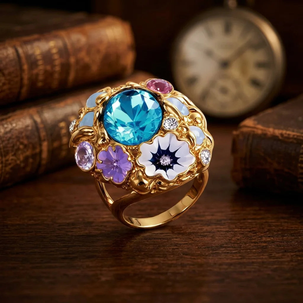 Vintage Baroque Statement Rings 316L Stainless Steel PVD Gold Plated Enamel Crystal Cocktail Rings Hypoallergenic Chunky Jewelry-3