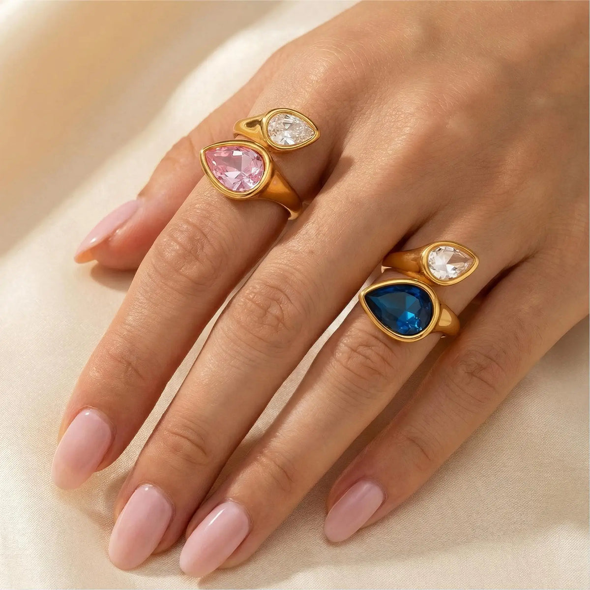 Pear Shape Birthstone Ring 316L Stainless Steel 18K Gold Plated Adjustable Open Ring Hypoallergenic Teardrop Ring Wholesale-1
