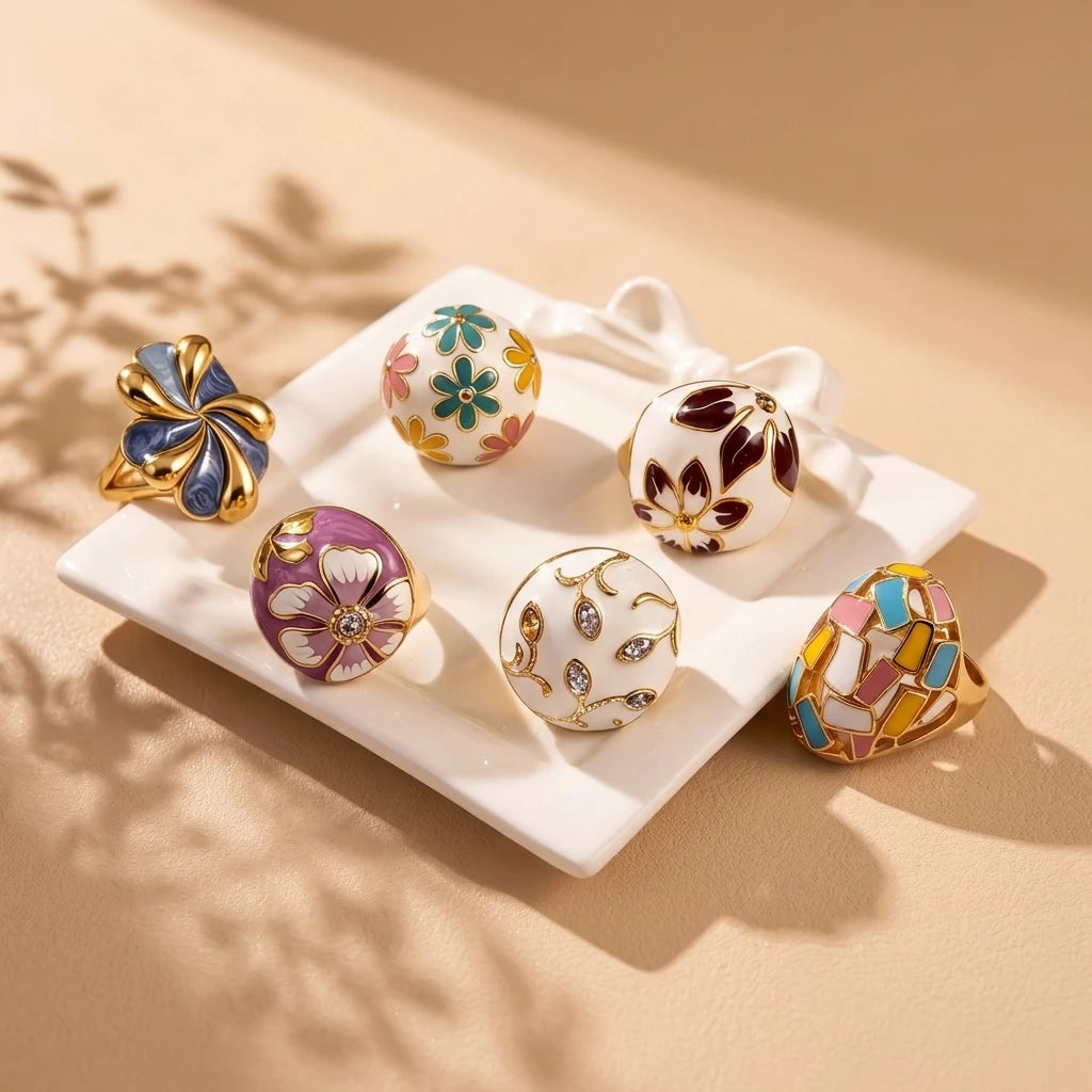 18K Gold Plated Enamel Capsule Ring Stacking 316L Stainless Steel Stackable Bubble Dome Marble Swirl Fashion Jewelry Non Tarnish-4
