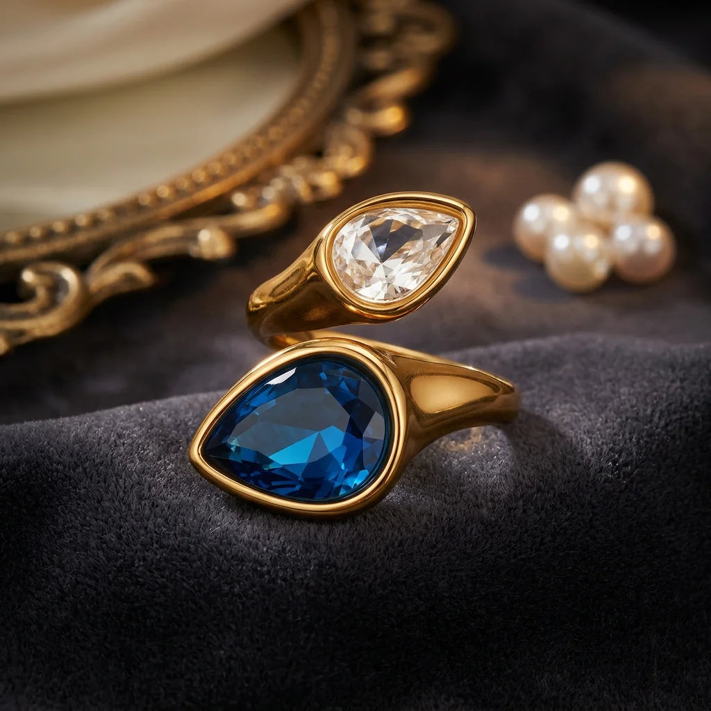 Pear Shape Birthstone Ring 316L Stainless Steel 18K Gold Plated Adjustable Open Ring Hypoallergenic Teardrop Ring Wholesale-2