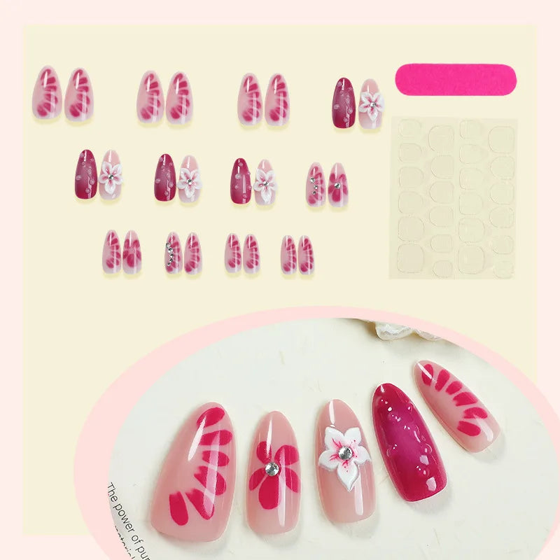 24pcs Factory Best-Selling French-Style Floral Water Diamond, Purely Handmade Self-Adhesive Press on Nails-2