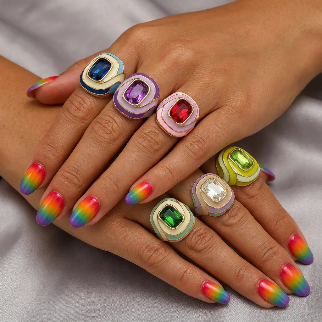 Wholesale 316L Stainless Steel Rings 18K PVD Gold Plated Colorful Enamel Band Large Gemstone Fashion Statement Jewelry for Women-0
