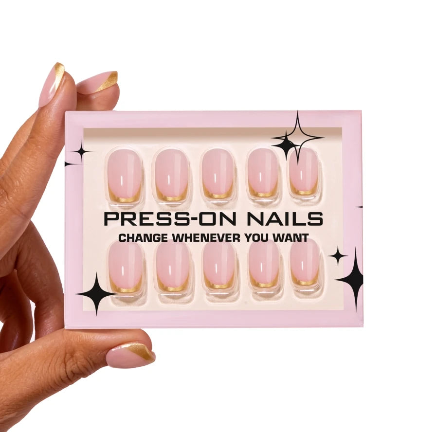 French-style Golden Glitter-coated High-quality 30pcs Acrylic Nail Reusable Stick-on Nails Short square Flexible Press on Nails-3