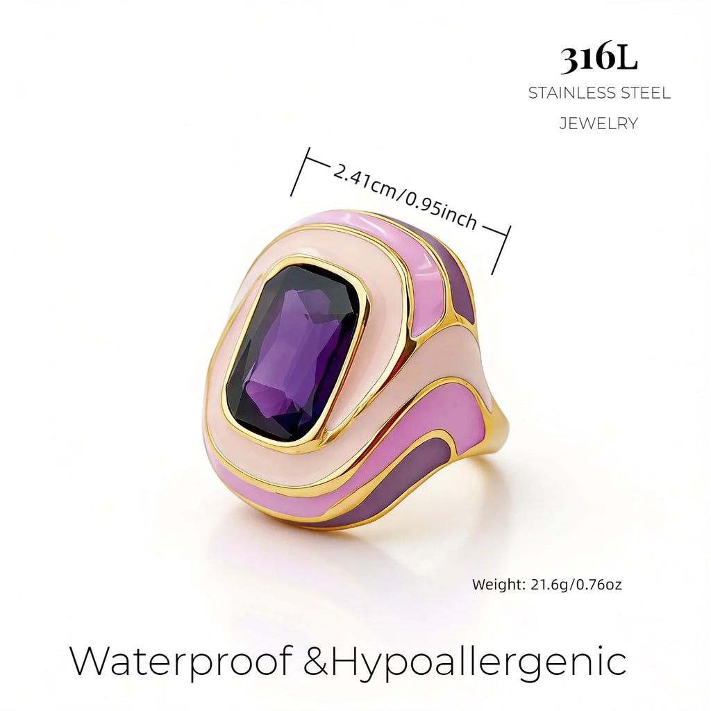 Wholesale 316L Stainless Steel Rings 18K PVD Gold Plated Colorful Enamel Band Large Gemstone Fashion Statement Jewelry for Women-4