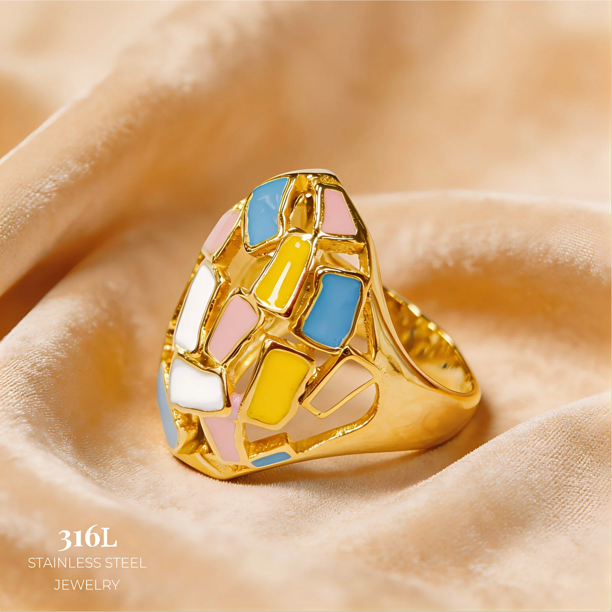 316L Stainless Steel Gold Plated Enamel Ring Women's Irregular Drip Glaze Open Ring Hypoallergenic Anti-tarnish Fashion Jewelry-3