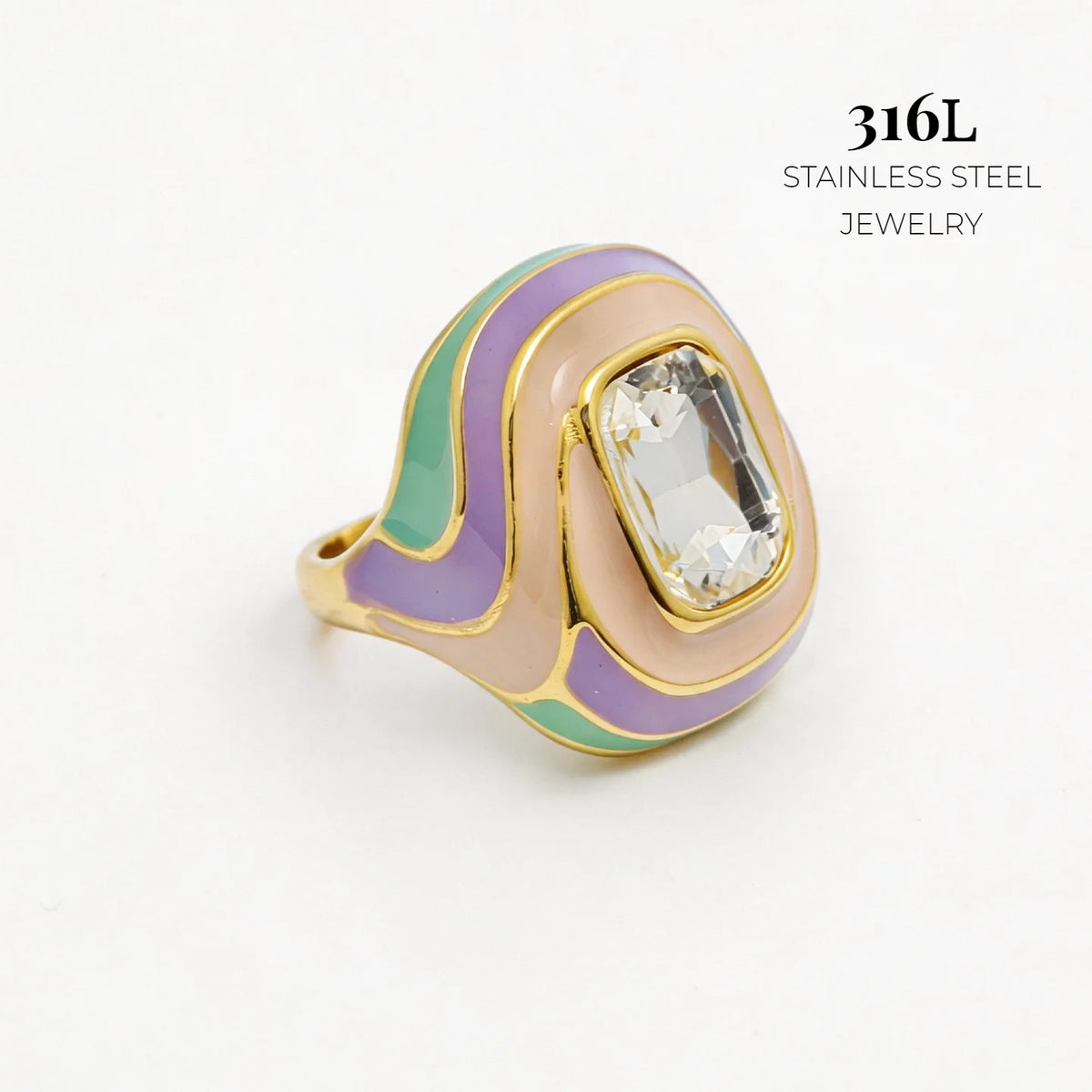 Wholesale 316L Stainless Steel Rings 18K PVD Gold Plated Colorful Enamel Band Large Gemstone Fashion Statement Jewelry for Women-11