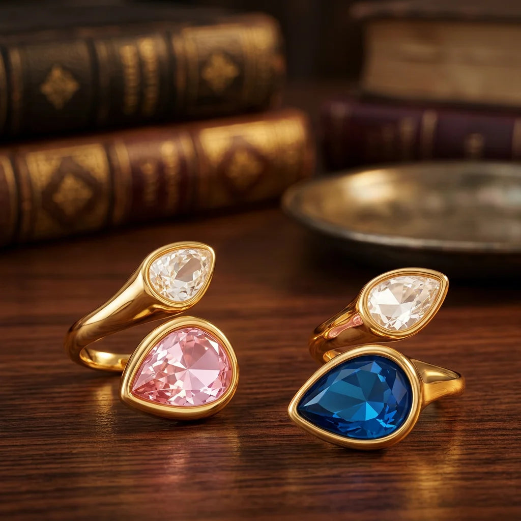 Pear Shape Birthstone Ring 316L Stainless Steel 18K Gold Plated Adjustable Open Ring Hypoallergenic Teardrop Ring Wholesale-4