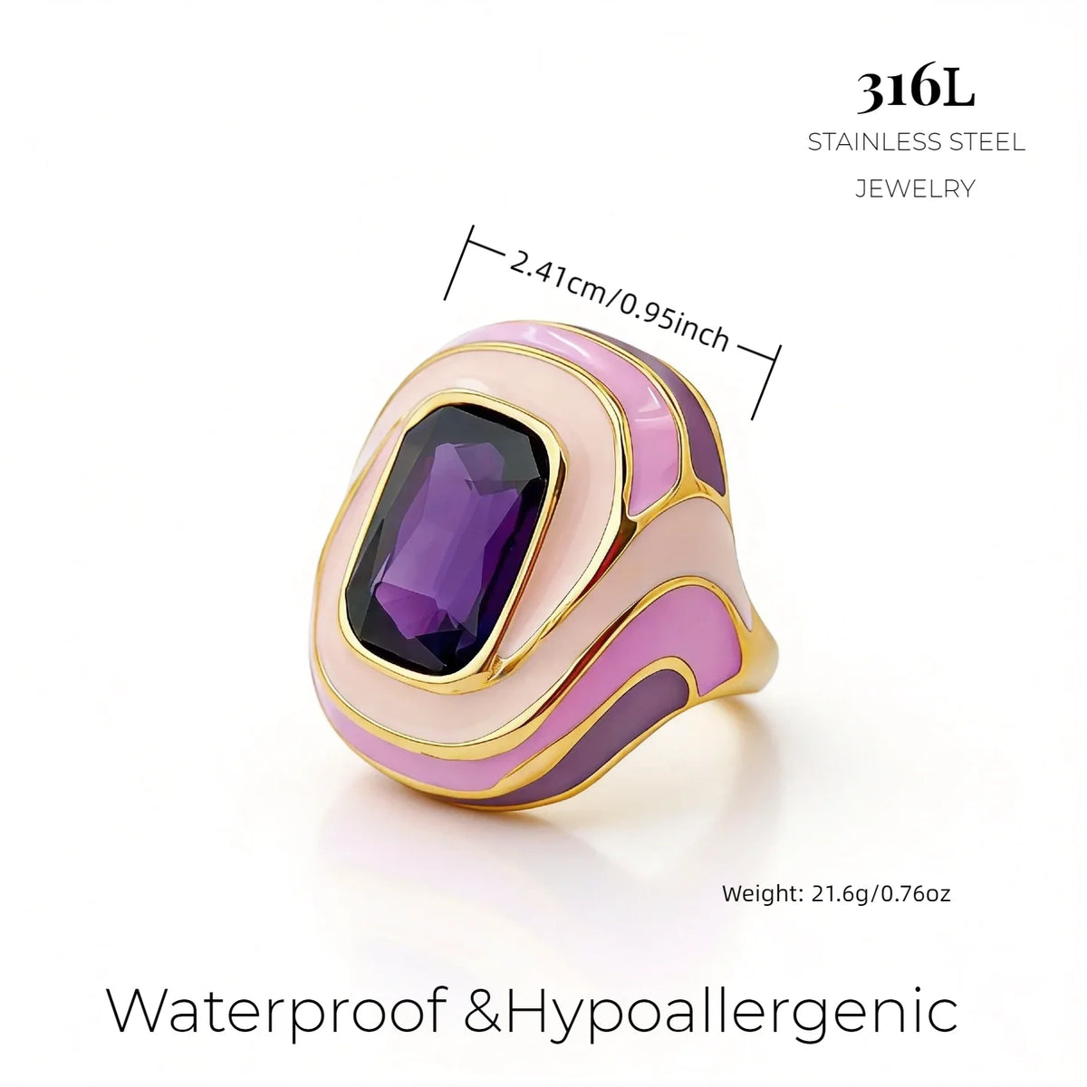 Wholesale 316L Stainless Steel Rings 18K PVD Gold Plated Colorful Enamel Band Large Gemstone Fashion Statement Jewelry for Women-7