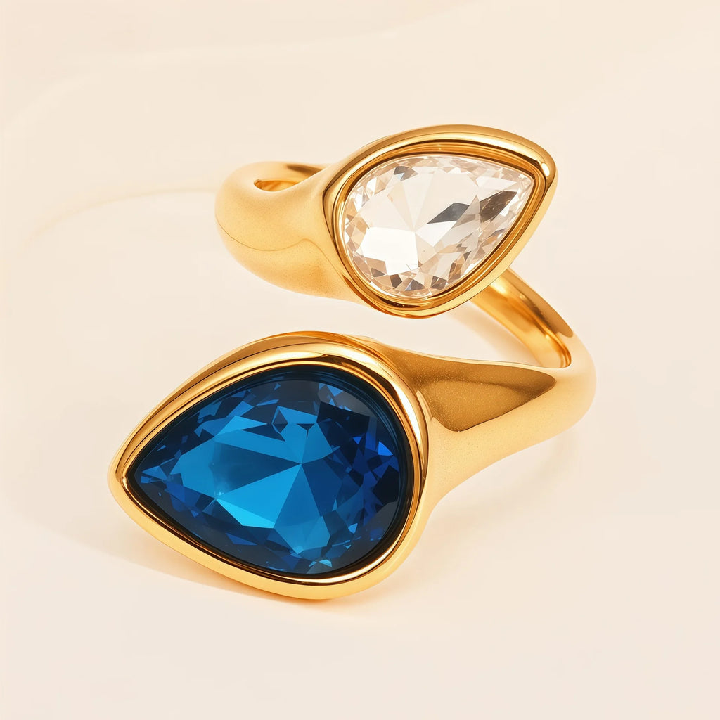 Pear Shape Birthstone Ring 316L Stainless Steel 18K Gold Plated Adjustable Open Ring Hypoallergenic Teardrop Ring Wholesale-6