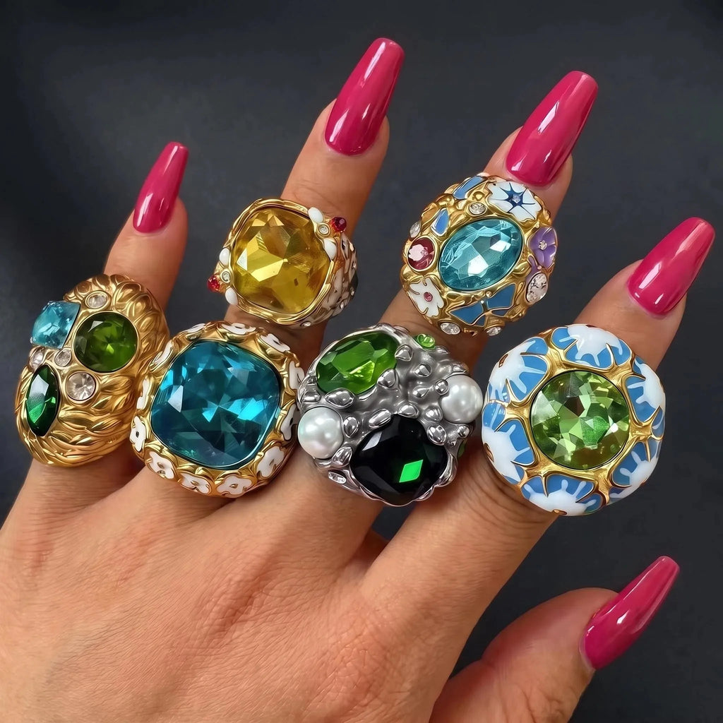 Vintage Baroque Statement Rings 316L Stainless Steel PVD Gold Plated Enamel Crystal Cocktail Rings Hypoallergenic Chunky Jewelry-0
