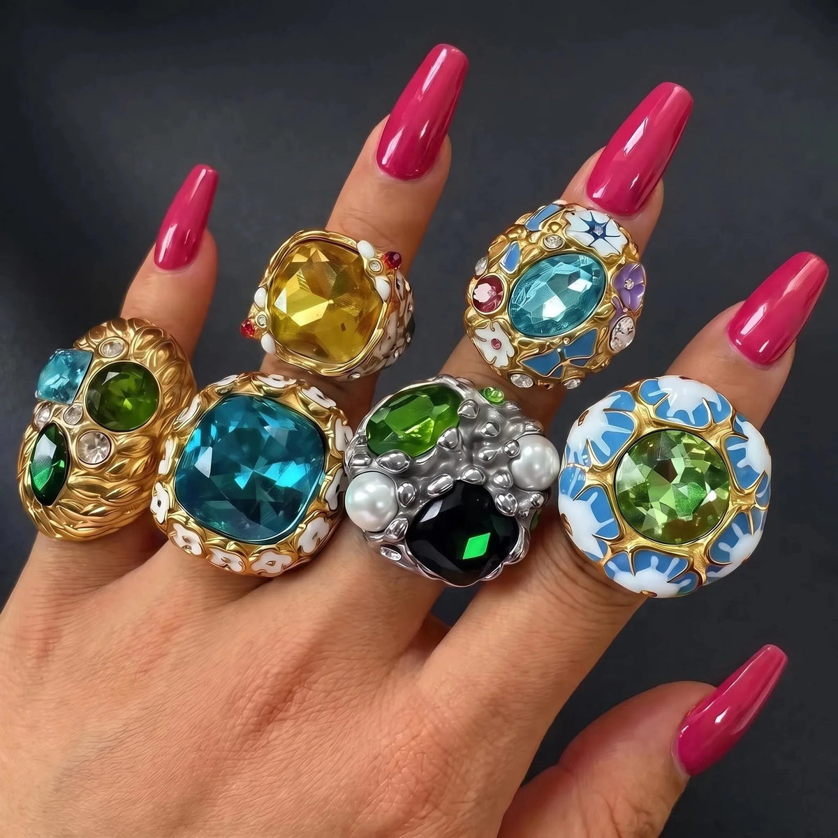 Vintage Baroque Statement Rings 316L Stainless Steel PVD Gold Plated Enamel Crystal Cocktail Rings Hypoallergenic Chunky Jewelry-0