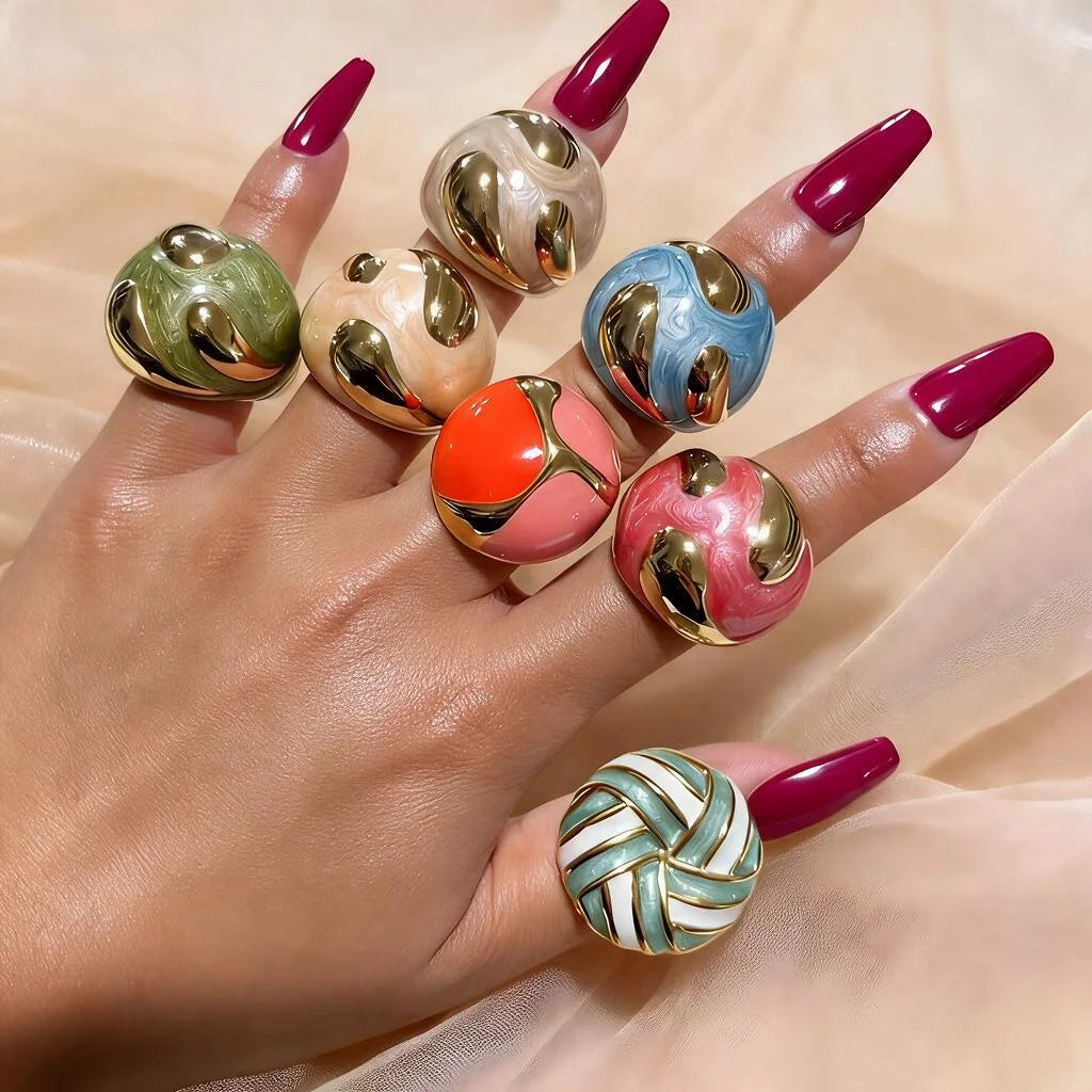 18K Gold Plated Enamel Capsule Ring Stacking 316L Stainless Steel Stackable Bubble Dome Marble Swirl Fashion Jewelry Non Tarnish-2