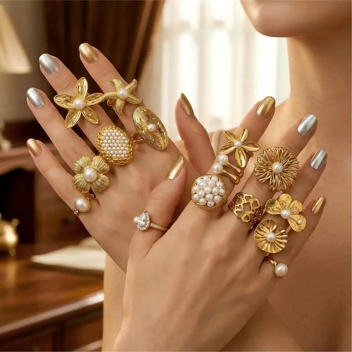 Adjustable Gold Pearl Cuff Rings 316L Stainless Steel 18K 24K Gold Plated Trendy Wholesale Fashion Jewelry Floral Starfish-0