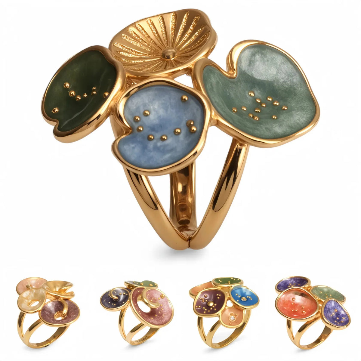 New Arrival 316L Stainless Steel 18K Gold Plated Trendy Two-Tone High-End Lightweight Luxury Colorful Floral Enamel Ring Women's-0