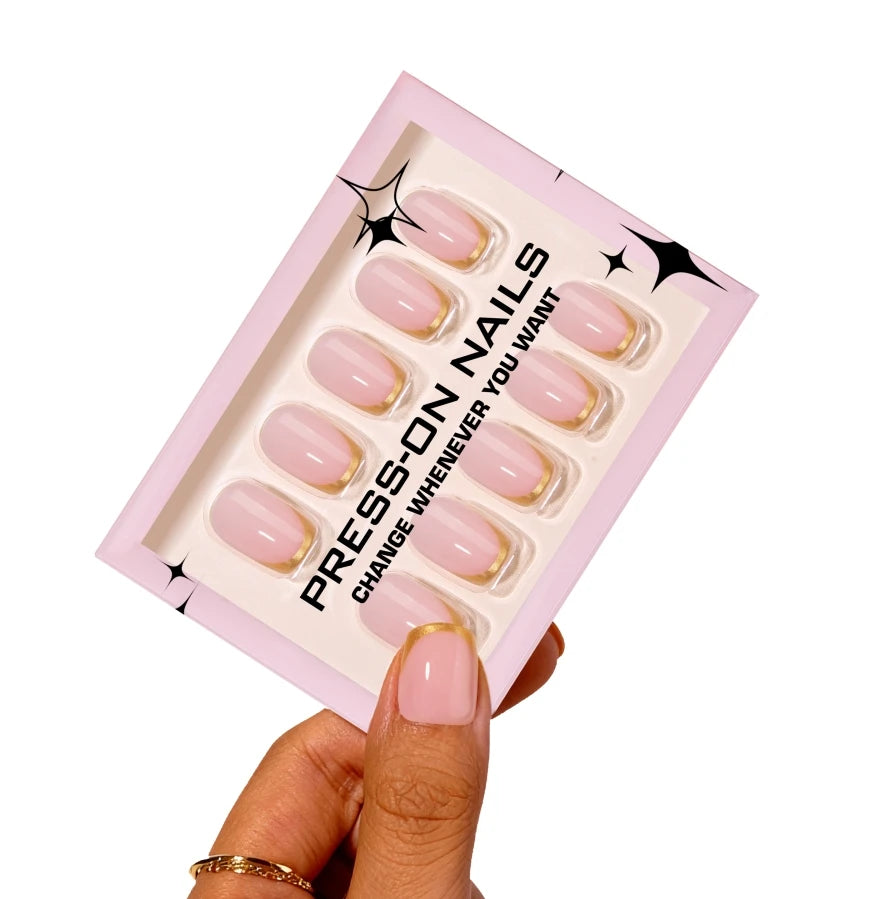 French-style Golden Glitter-coated High-quality 30pcs Acrylic Nail Reusable Stick-on Nails Short square Flexible Press on Nails-4