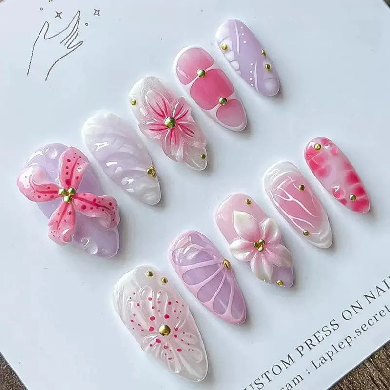 24pcs Factory Best-Selling French-Style Floral Water Diamond, Purely Handmade Self-Adhesive Press on Nails-13