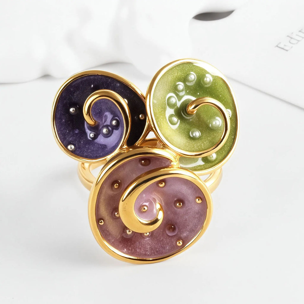 New Arrival 316L Stainless Steel 18K Gold Plated Trendy Two-Tone High-End Lightweight Luxury Colorful Floral Enamel Ring Women's-2