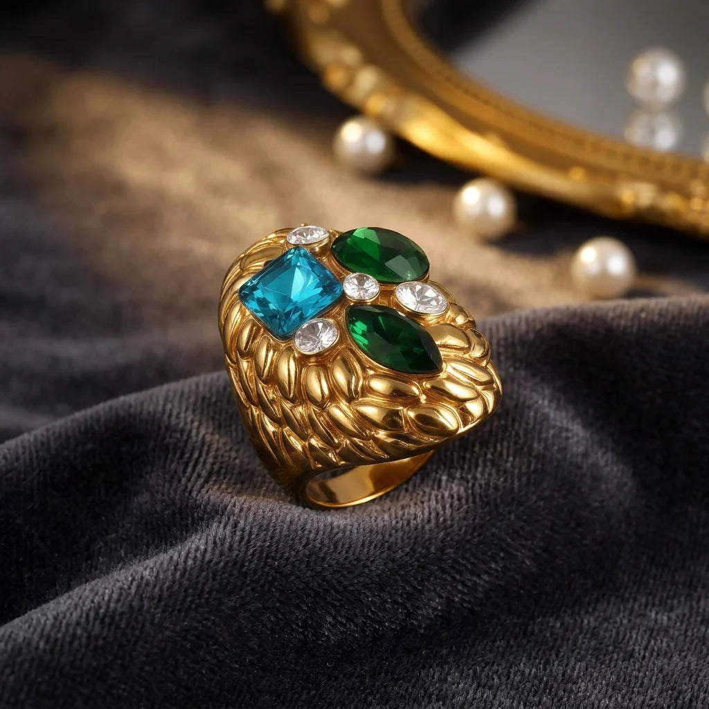 Vintage Baroque Statement Rings 316L Stainless Steel PVD Gold Plated Enamel Crystal Cocktail Rings Hypoallergenic Chunky Jewelry-2